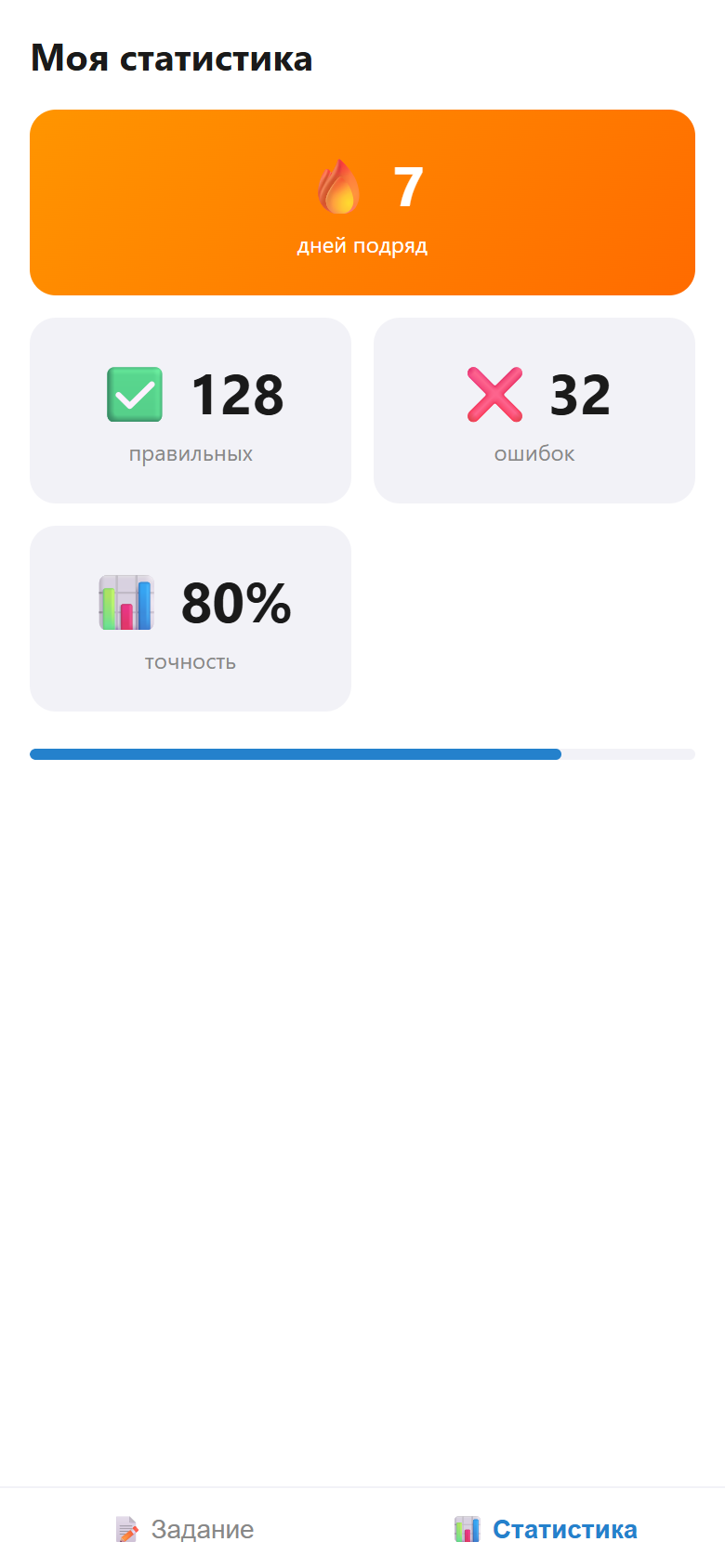 Экран статистики с демонстрационными значениями: ответы, точность и серия дней.